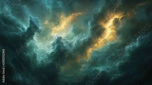 Abstract Cosmic Nebula With Glowing Gold Light And Teal Stardust Particles In Deep Space Background