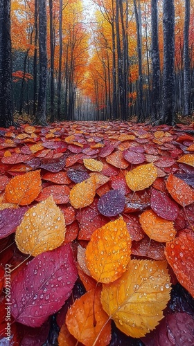 Snow Falling Over Vibrant Colorful Autumn Leaves On Forest Ground
