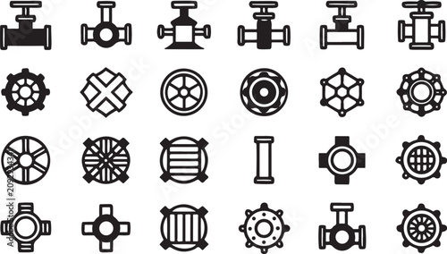 Black and white industrial valve and pipe symbols arranged in rows
