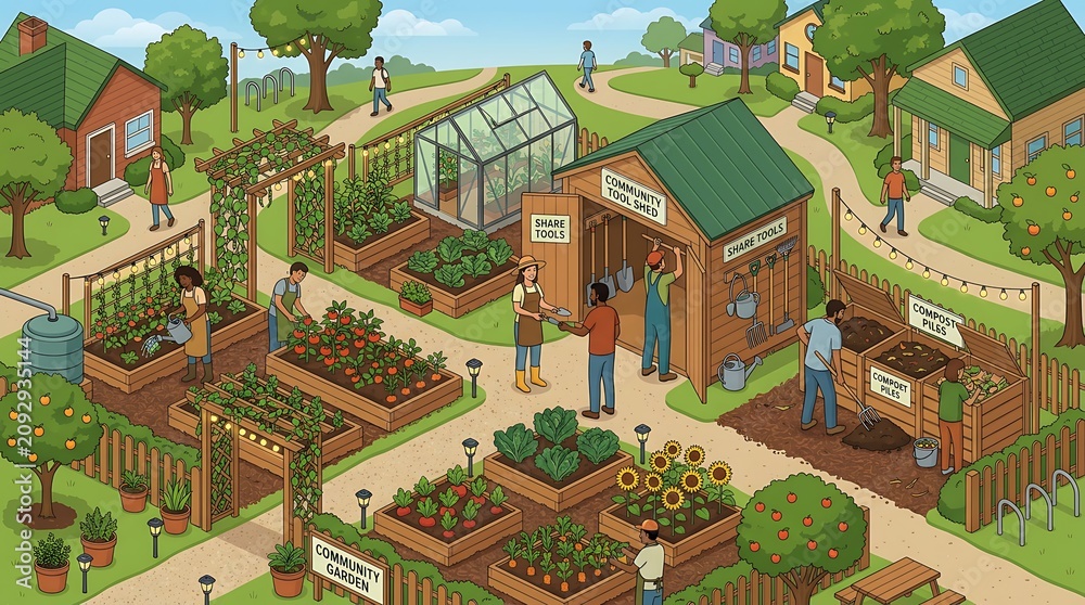 Fototapeta premium People grow plants in a community garden with greenhouses and raised beds