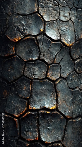 Abstract Macro Texture Of Charred Burnt Wood Bark With Glowing Orange Embers And Deep Black Cracks
