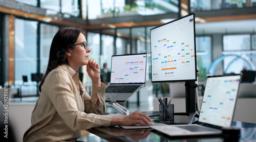 Cuadro en lienzo Young Woman Analyzes Digital Workflow Improvements On Laptop