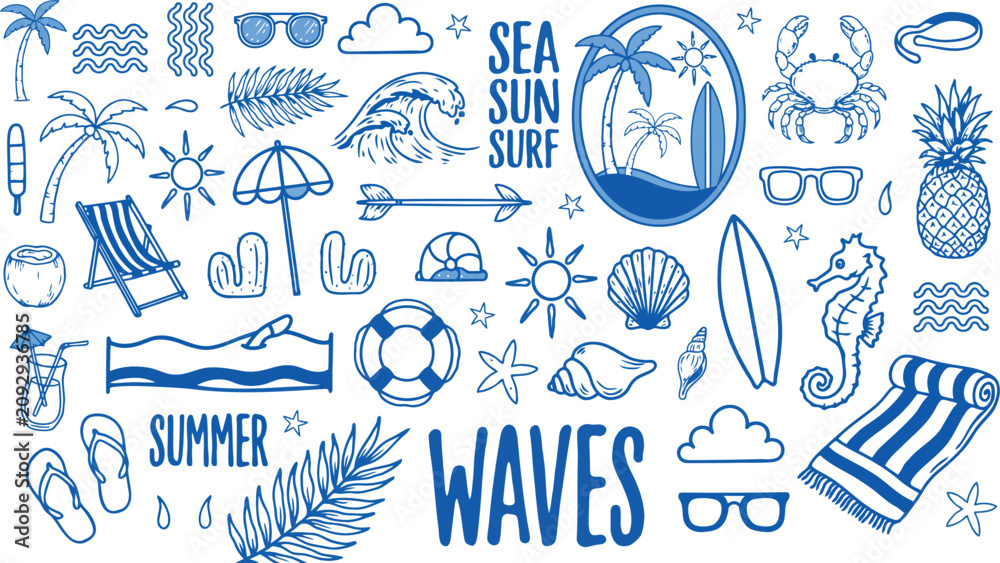 Fototapeta premium Summer beach vacation doodle set with hand drawn icons of surfboards palm trees waves and tropical elements