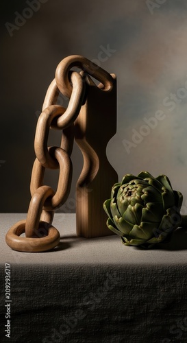 Still life with wooden chain sculpture and cabbage.