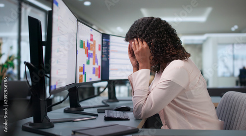 Bild auf Leinwand Tired Corporate Woman Managing Busy Email Inbox During Hectic Office