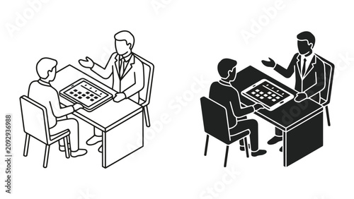 Business people sitting at desk having strategic discussion with office life