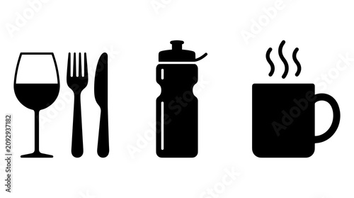 Set of black silhouette food and drink icons with wine glass cutlery water bottle and steam cup for