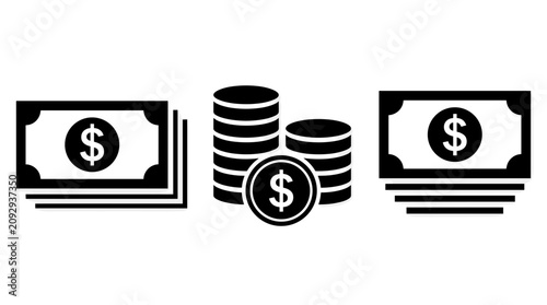 Set of black money icons with dollar bills and coin stacks, financial symbols for banking apps