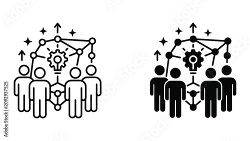 Team collaboration and problem solving network icon set with teamwork, thinking