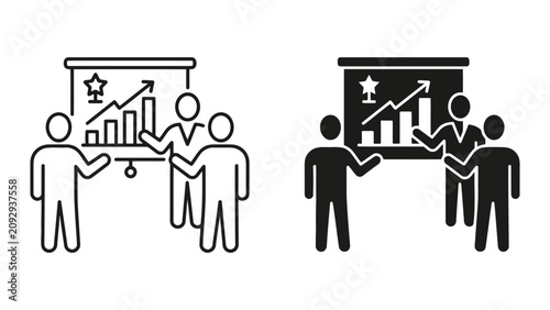 Business team presenting project growth graph on presentation board icon