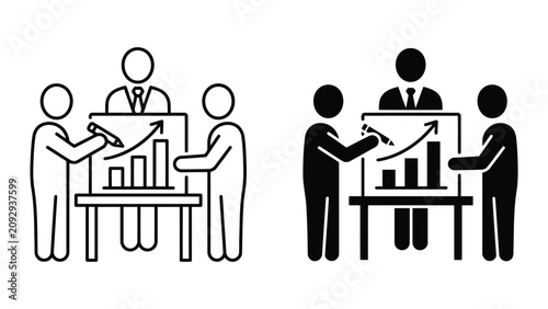 Business team analyzing growing sales performance chart presentation icon