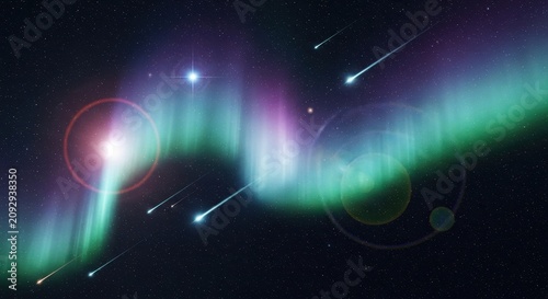 Vibrant Aurora Borealis with Shooting Stars in Night Sky.