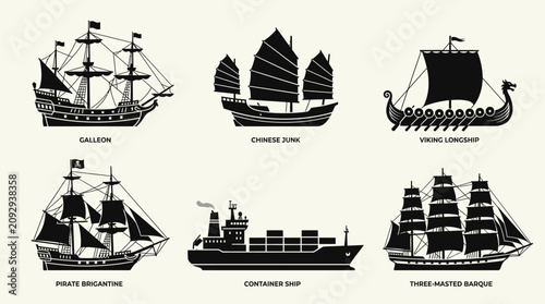 Photos Flat 2D Ship Designs Black and White Vector Set with Galleon, Chinese Junk, Viki