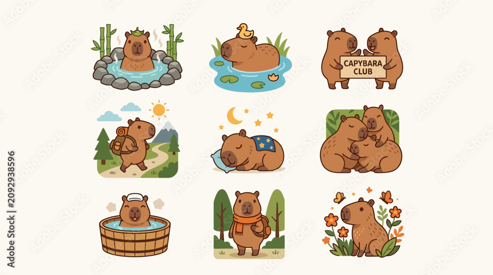Fototapeta premium Cute 2D Flat Capybara Designs Sticker Set with Onsen Bath, Duck Friend, Club Sign, Hiking, Sleeping, Cuddling, Wooden Tub, Scarf, and Flower Poses in Chibi Cartoon Vector Style for Planners and Merch
