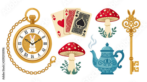 Alice in Wonderland Symbols: Pocket Watch, Cards, Mushrooms, Teapot, Key