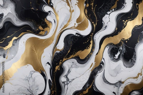 Abstract fluid marble artwork with swirling black, white, gray, and metallic gold patterns, blending organic textures and reflective highlights to evoke elegance and depth.