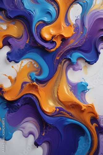 Abstract fluid painting with vivid swirls of orange, blue, purple, and white, blending textured layers into dynamic motion that conveys energy, contrast, and artistic depth.