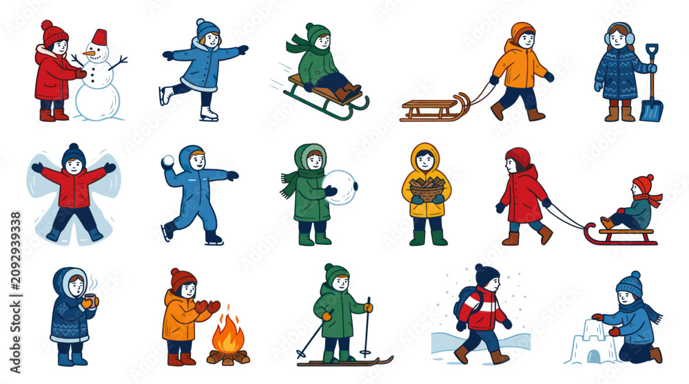 Fototapeta premium Happy Children Playing Winter Games and Outdoor Activities - Flat Cartoon Illustration Set