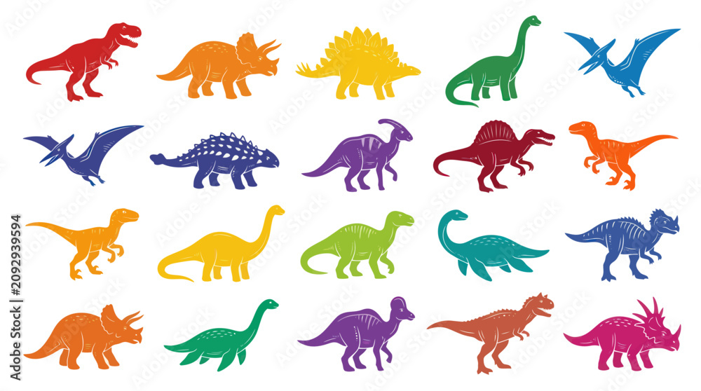 Obraz premium Colorful Flat Design Dinosaur Silhouettes Collection for Kids' Education and Prehistoric Animal Themes