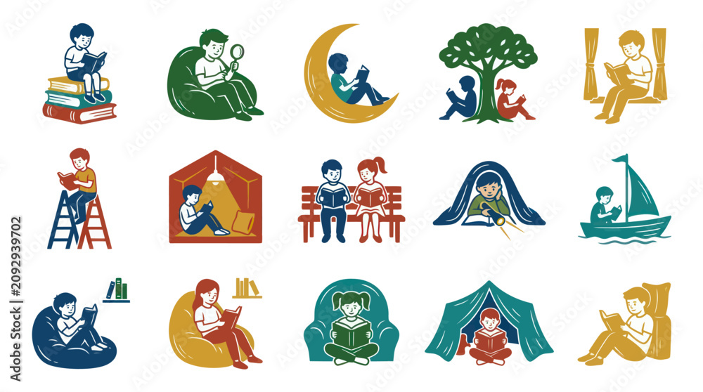 Fototapeta premium Kids Reading Books in Various Settings - Education Learning Flat Vector Illustration Collection