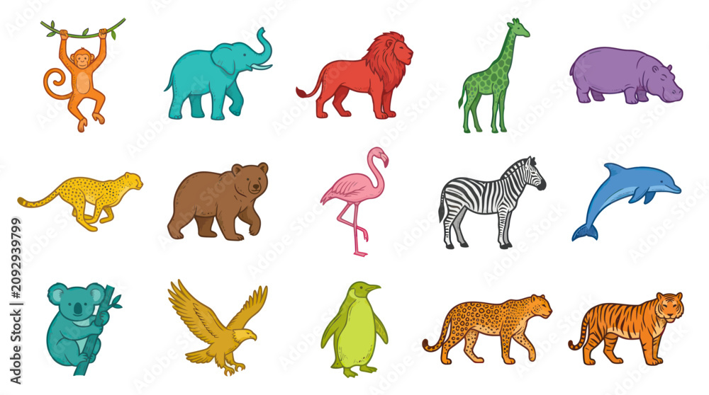 Obraz premium Colorful Cartoon Animals Vector Set for Nature and Wildlife Education and Kids Design