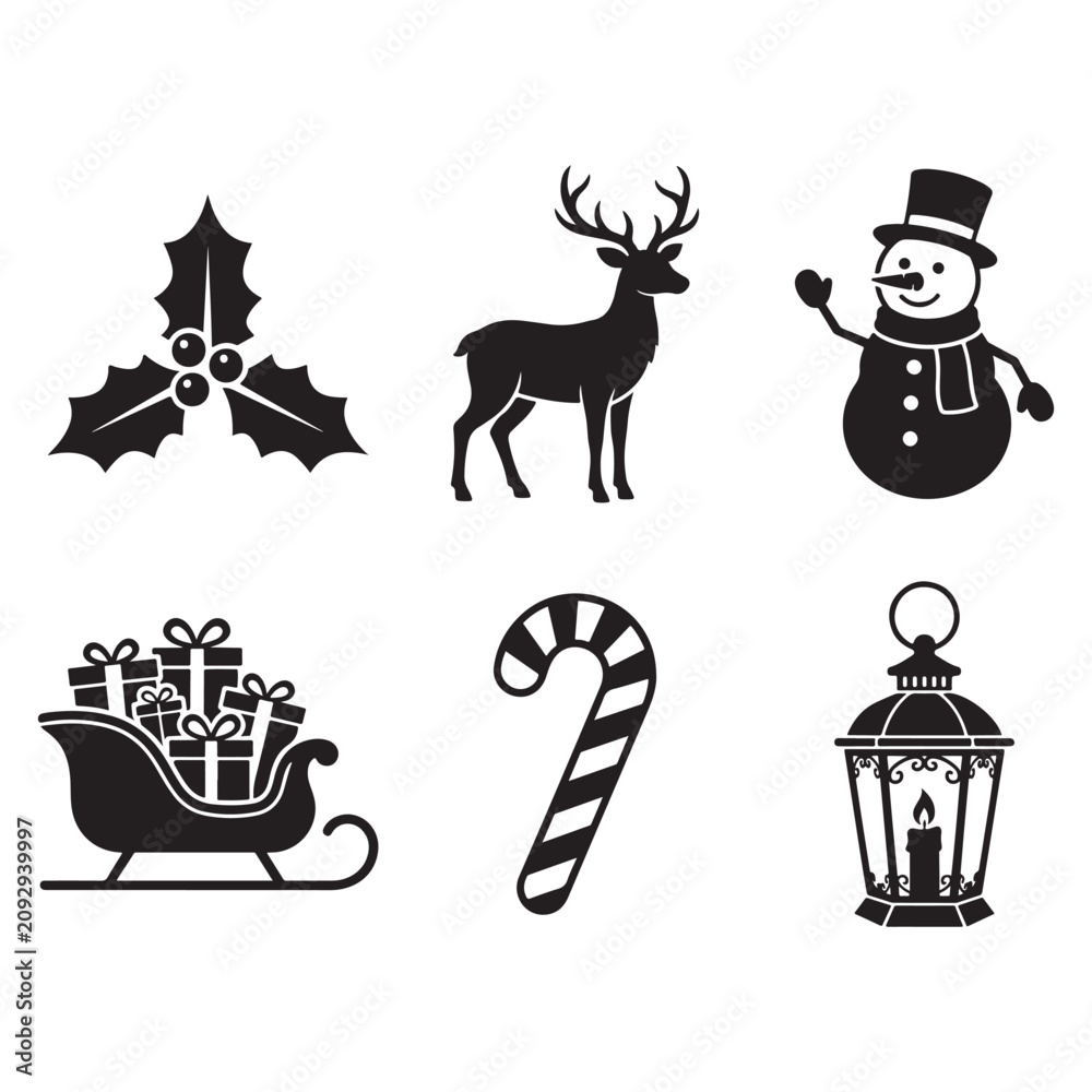 Fototapeta premium Christmas holiday vector illustration set featuring black silhouette icons of seasonal symbols for festive graphic design