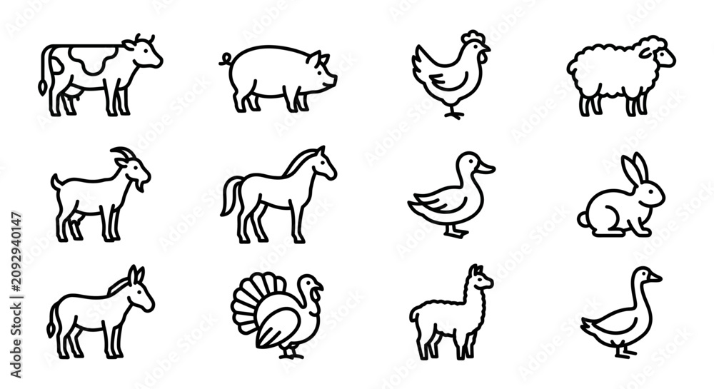 Obraz premium Farm Animals Icon Set: Cow, Pig, Chicken, Sheep, Goat, Horse, Duck, Rabbit, Donkey, Turkey, Llama, Goose