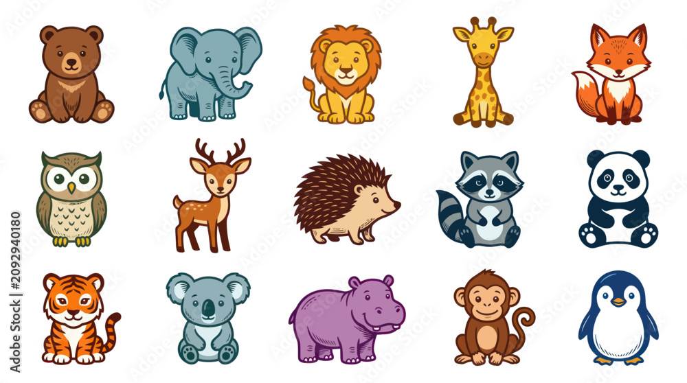 Obraz premium Charming Flat Cartoon Wild Animals Vector Set for Children's Education and Nature Themes