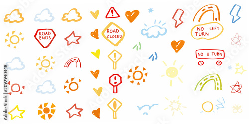 Road Sign Pictograms Hand drawn Style Illustration On White Background