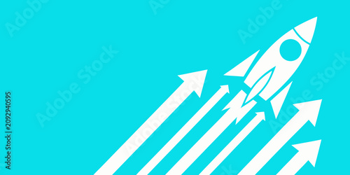 White rocket ship silhouette launching with ascending arrows turquoise background