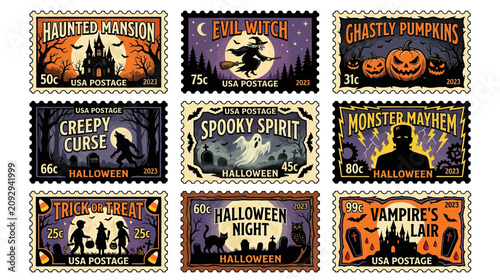 Halloween Stamps Collection: Haunted Mansion, Witch, Pumpkins, Ghost, Vampire