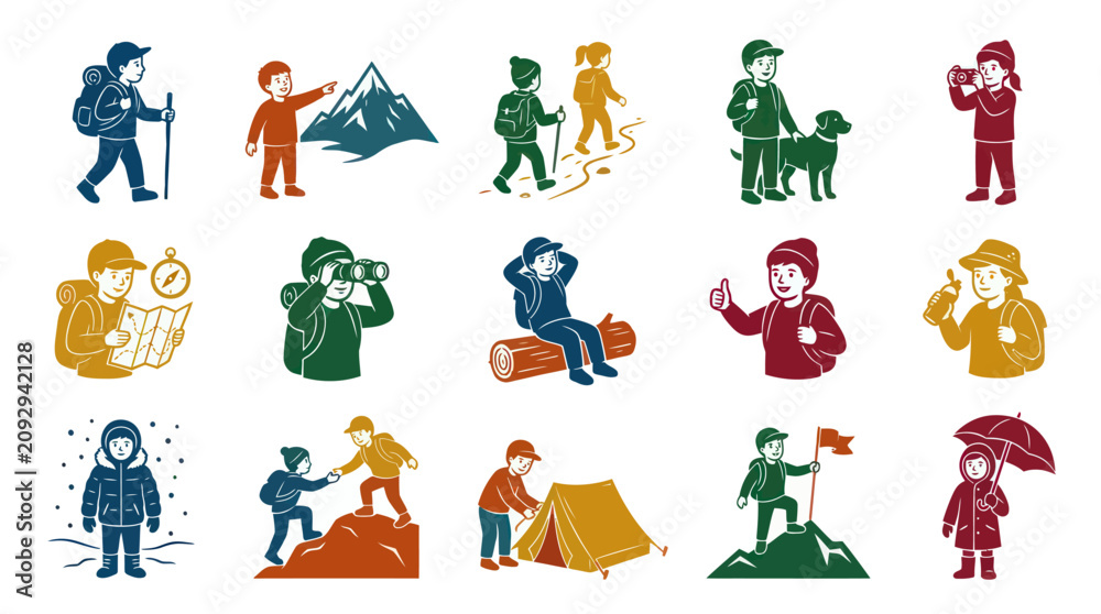 Fototapeta premium Outdoor Adventure Glyph Icons. Kids Adults Hiking, Camping Nature Exploration Flat Illustrations.