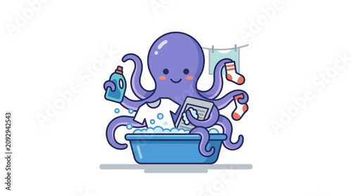 Cute Cartoon Octopus Doing Laundry