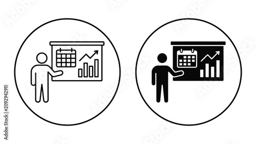 Business presentation and strategic planning icons with presentation, planning