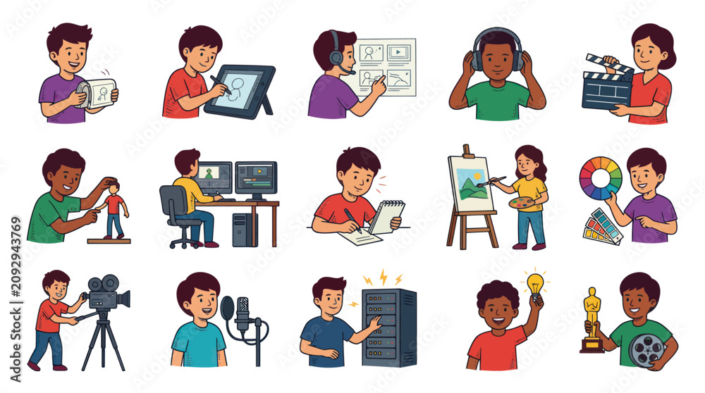 Fototapeta premium Diverse Creative Professions, Digital Arts, and Media Activities Flat Vector Illustration Set