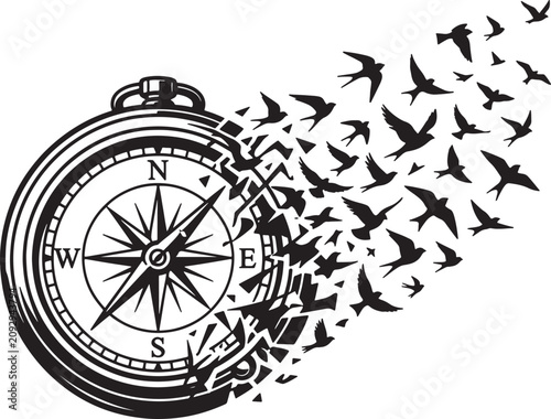 Foto Disintegrating pocket watch compass transforming into flock of birds flying away isolated on transparent background