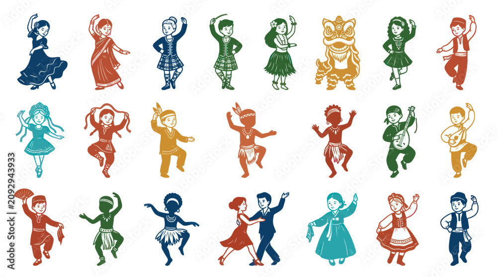 Obraz premium Diverse Children in Traditional Costumes Dancing, Vector Stock Art