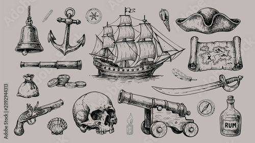 Vintage pirate adventure hand drawn doodle set with ship treasure map skull cannon anchor and rum bottle on grey
