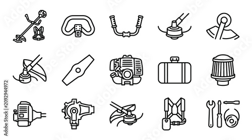 Gardening Tool Icons: String Trimmer Parts, Engine, Handlebar, Blade, Filter, Harness