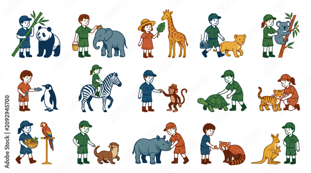 Obraz premium Children and Zookeepers Caring for Diverse Animals Flat Vector Illustration Set Wildlife Education Conservation