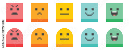 Pixel Art Emotion Icons Set, emotions scale background and banner.