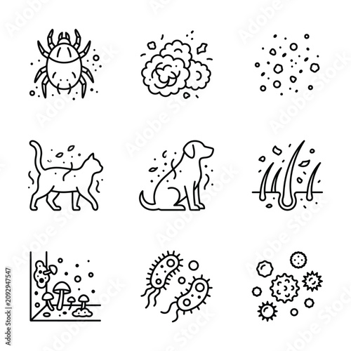 Konstfotografi Allergy Trigger Icons Set with Dust Mites, Pet Dander, Pollen, Mold, Bacteria an