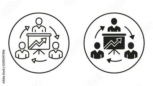 Business team meeting presentation growth chart and strategic planning icon set