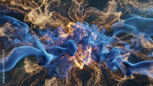 Abstract golden lattice entwined with swirling blue smoke and light particles