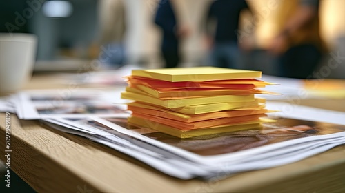 Stack of colorful sticky notes on a desk with photos and blurred people