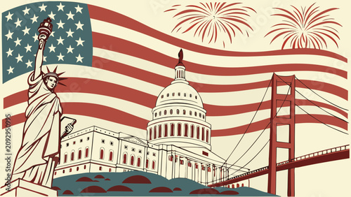 Bild auf Leinwand Detailed vector illustration showcasing famous american landmarks including the