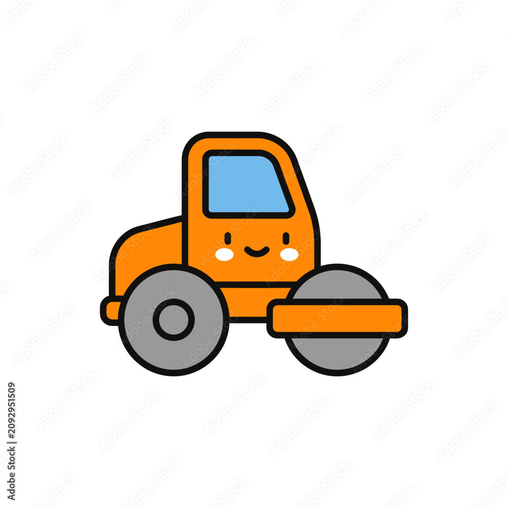 Naklejka premium A cute orange road roller with a smiley face is depicted in a flat vector style with a black outline.