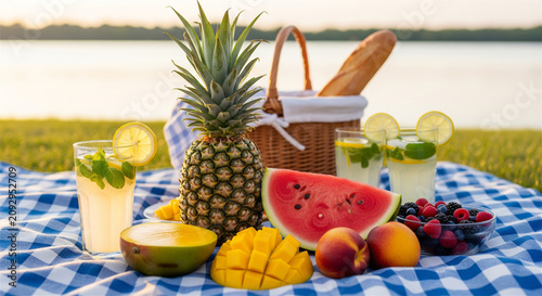 Summer picnic with tropical fruits and cold drinks, outdoor picnic basket on blue checkered blanket, fresh watermelon and pineapple by the lake