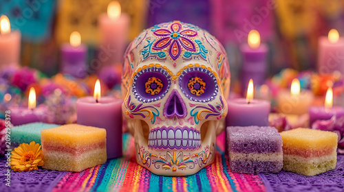 A vibrant sugar skull centered on a traditional Mexican textile, surrounded by glowing candles and colorful offerings, capturing the festive and spiritual atmosphere of the Day of the Dead.