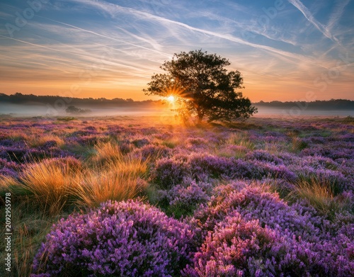 Golden sunrise streams through a lone tree over purple heather fields
